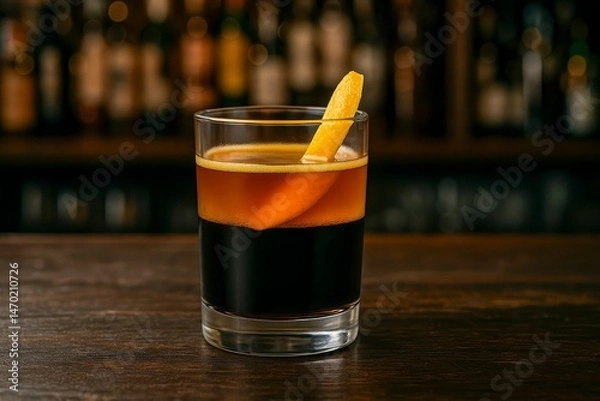 Obraz Refreshing Caipirinha Cocktail Served in a Clear Glass With a Twist of Citrus Peel on Dark Wooden Bar Countertop