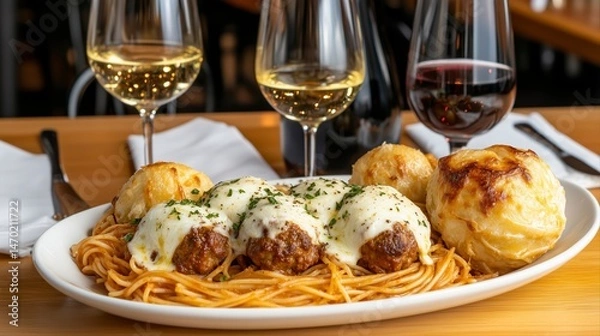 Obraz Delicious Spaghetti With Meatballs Garnished With Cheese Served With White and Red Wine in a Cozy Dining Setting