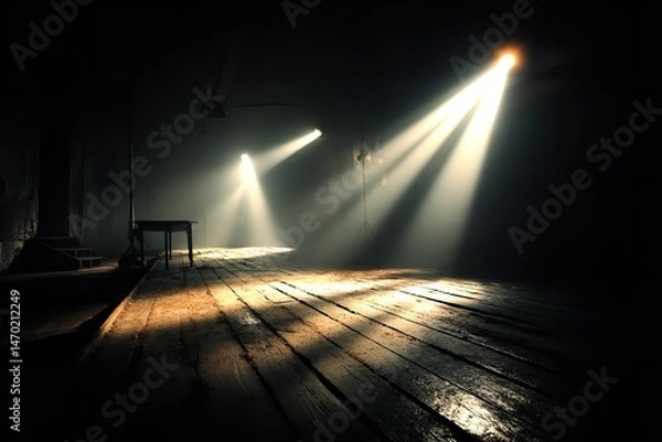Fototapeta Mysterious Spotlight in Abandoned Wooden Room – Atmospheric Light and Shadow Photography

