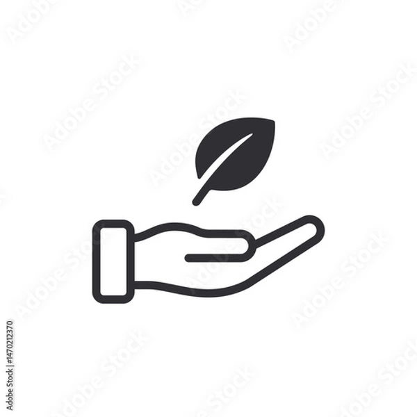 Fototapeta Ecology. Planet care. Nature. Human hand palm up. Open palm. Logo template. Environment. Harmony of man. Editable stroke. Icon. Save nature. Attitude to nature. Leaf icon. Recycling power. Caring