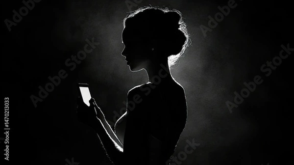 Fototapeta A silhouette of a woman in a black long-sleeve outfit, dancing with one arm extended and holding a smartphone in the other hand.