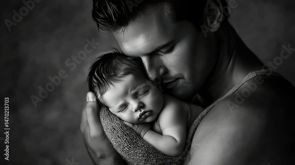 Fototapeta A close-up image of a man holding a sleeping baby in his arms.