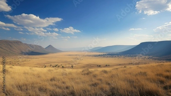 Fototapeta A panoramic view of a mountainous landscape featuring rolling hills and steep cliffs under a partly cloudy sky.