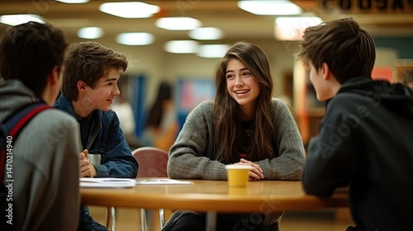 Fototapeta A group of four young people is sitting around a small table in a casual setting, smiling and engaging in conversation.