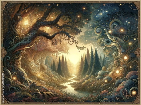 Obraz Magical forest with a river and glowing lights