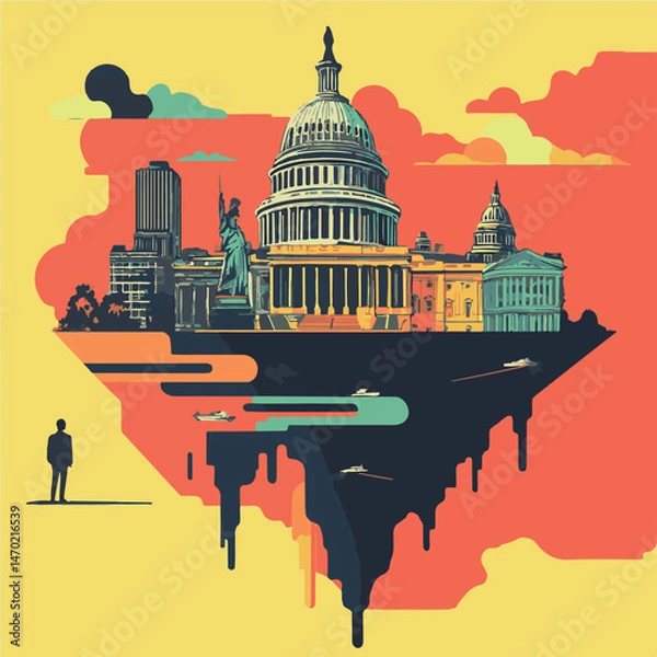 Obraz Colorful Pop Art Style Illustration Of Washington Dc Skyline With Clouds And Airplanes