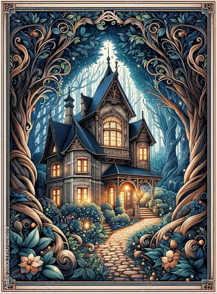 Obraz Fairy-tale cottage in the forest surrounded by flowers and trees