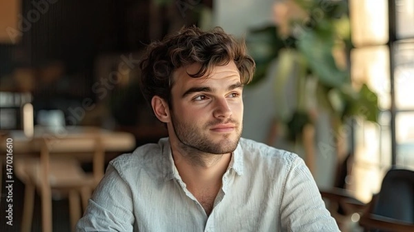 Fototapeta A professional conversation in a well-lit office setting, featuring a woman with curly hair in a light gray suit and glasses, gesturing as she speaks to a man in a navy jacket and white t-shirt.