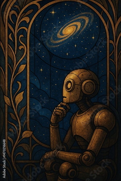 Obraz Robot gazing thoughtfully into space through a stained glass window