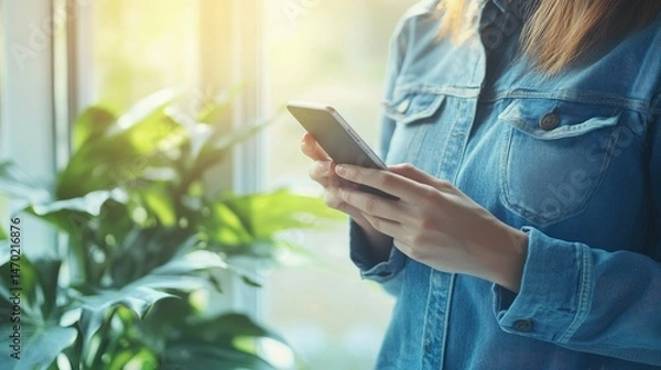 Fototapeta A person wearing a denim shirt is holding a smartphone and smiling while standing near a window in a casual indoor setting.