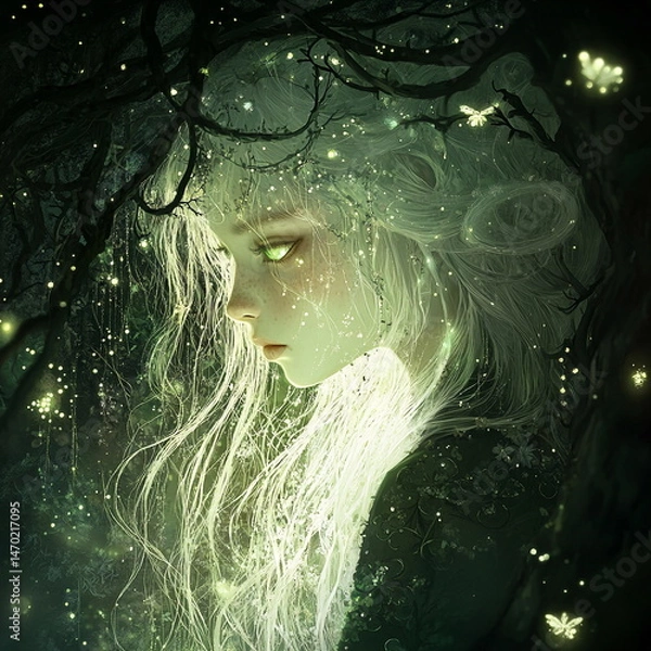 Obraz Fairy with white hair in a dark forest surrounded by fireflies