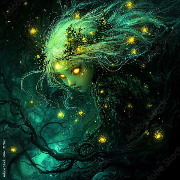 Obraz Magical fairy with glowing yellow eyes in a branched forest