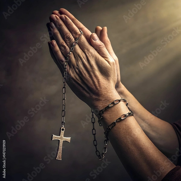 Obraz praying hands with cross on chain