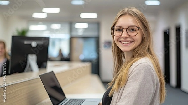 Fototapeta A smiling woman with long hair and glasses stands behind a modern reception desk, interacting with another woman who is turned away.