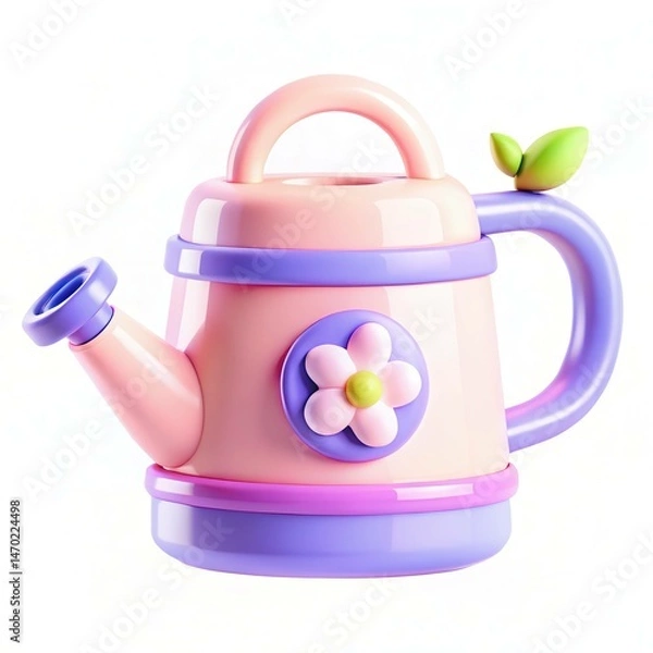 Obraz A colorful plastic watering can with a flower design and green leaf on top.