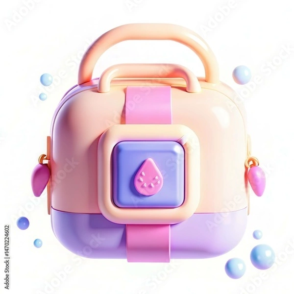 Obraz A colorful and modern bag with a playful design featuring pastel colors and a unique shape, accented by a small water droplet icon.