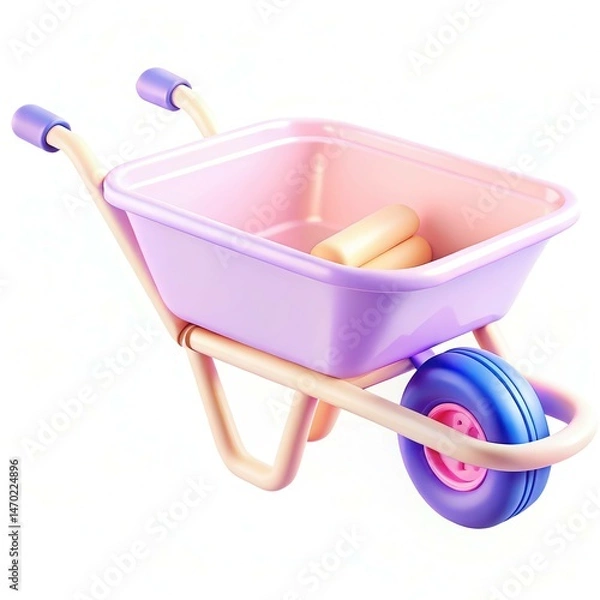 Obraz A colorful and modern wheelbarrow in pastel shades with a blue wheel and a pink handle.