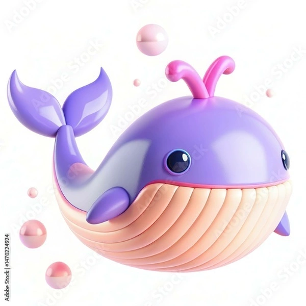Obraz A cute, cartoonish purple whale with a whimsical appearance, surrounded by floating bubbles.