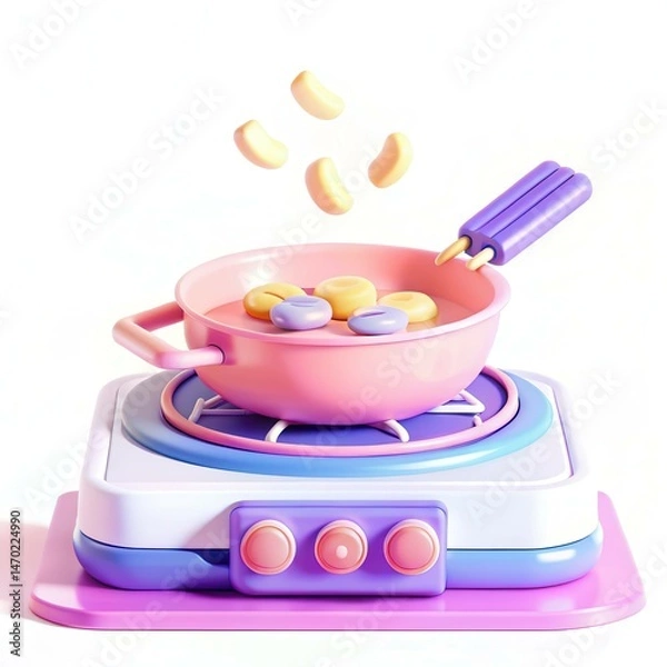 Obraz A colorful toy cooking set with macaroni pieces flying above a pink saucepan on a modern stove.