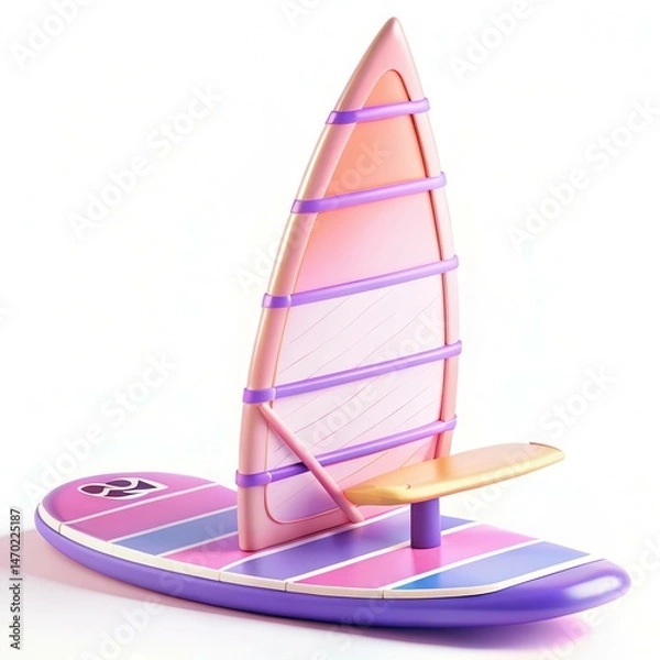 Obraz A colorful and modern windsurfing board featuring a vibrant sail with pink and purple hues, set against a minimalistic background.
