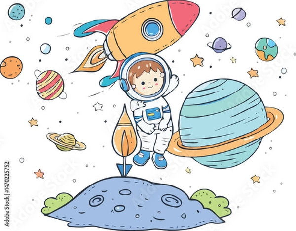 Fototapeta Boy Astronaut Landing On Planet With Space Rocket And Planets Cartoon Style