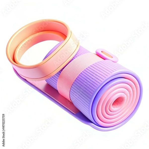 Obraz A colorful exercise mat rolled up in modern pastel shades, showcasing a textured design with vibrant circular bands.