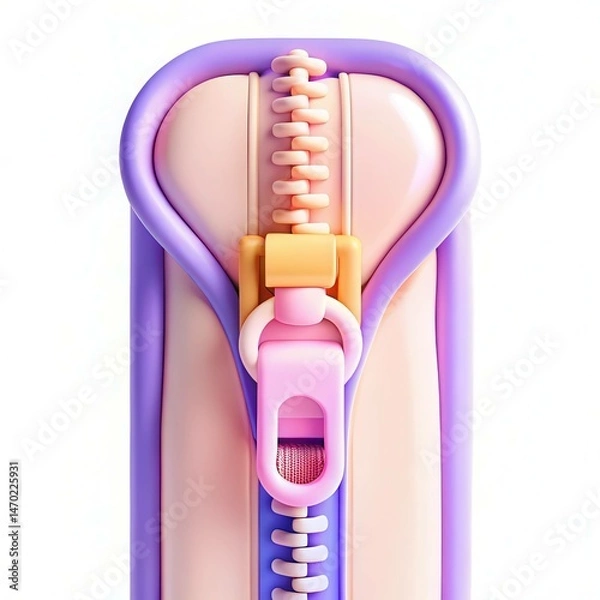 Obraz A close-up view of a colorful zipper with pastel shades of purple, pink, and orange against a white background.