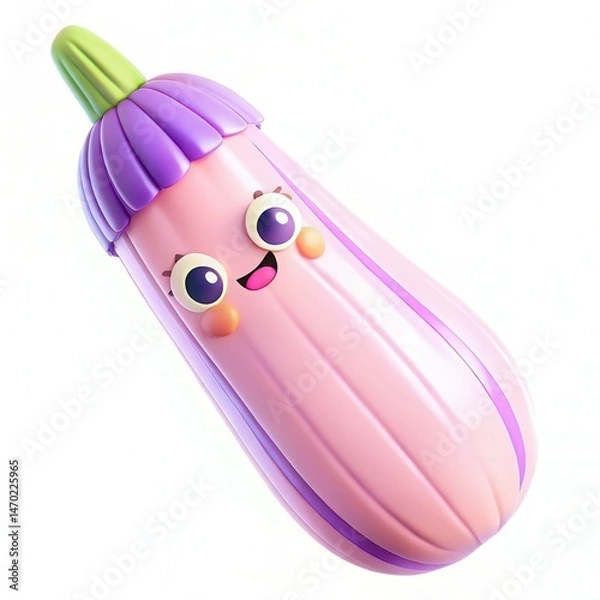 Obraz A cute, cartoonish eggplant character with a smiling face and colorful features on a white background.
