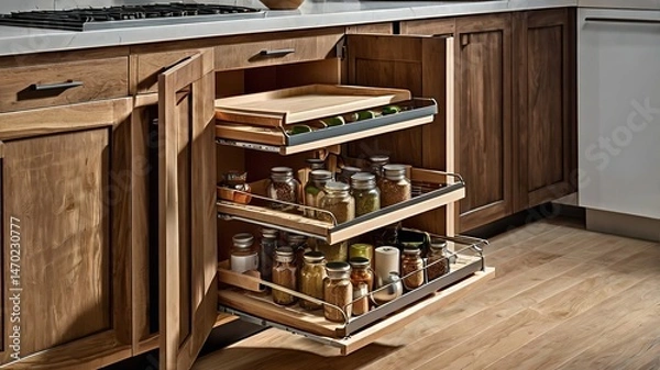 Obraz Kitchen storage solution. Pull out kitchen accessory for spice, bottles, kitchen spoons and even cutting boards.
