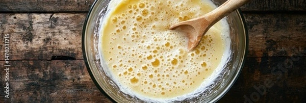 Fototapeta Batter Being Mixed in Glass Bowl with Wooden Spoon on Rustic Kitchen Table Setting