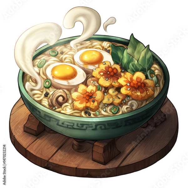 Fototapeta Delicious ramen bowl with eggs and flowers transparent background digital art cozy kitchen environment