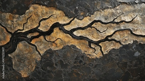 Fototapeta Abstract Black and Bronze Textured Surface Resembling Tree Root Patterns or Lightning Strikes