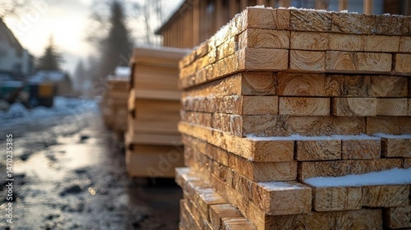 Fototapeta Stacked wooden planks at construction site with soft evening light