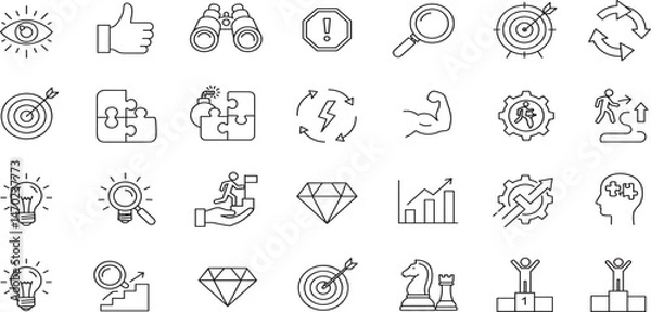 Fototapeta SWOT analysis of strengths, weaknesses, opportunities and threats editable stroke outline icons set isolated on white background flat vector illustration.