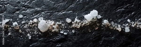 Fototapeta Coarse salt crystals on dark slate background forming a textured culinary border
