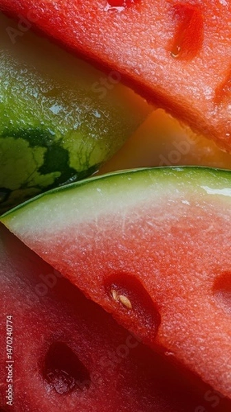 Fototapeta Close-up of fresh juicy watermelon slices showing red pulp, seeds, and green rind
Close-up of fresh juicy watermelon slices showing red pulp, seeds, and green rind
