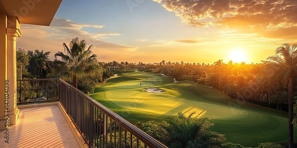 Fototapeta  Luxury balcony overlooking golf course with palm trees at sunset.