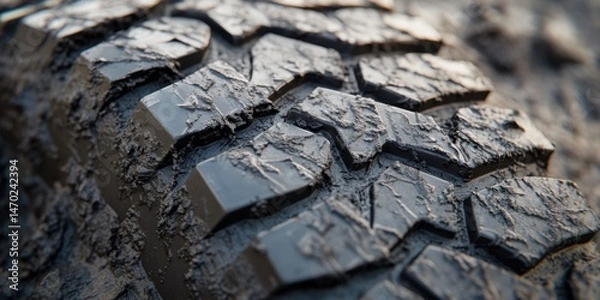 Fototapeta Mud-covered car tire tread with rugged texture and close-up view of deep rubber patterns
