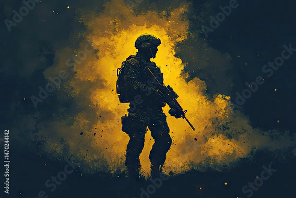 Obraz Silhouette of a soldier with a rifle standing against a dramatic yellow and black background depicting conflict