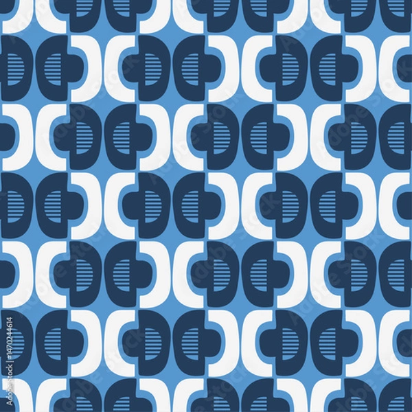 Obraz Retro Blue Geometric Pattern. repeating geometric pattern in shades of blue and white. The pattern consists of stylized shapes resembling rounded squares.