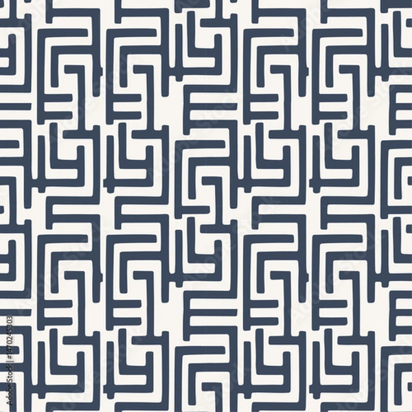 Fototapeta Abstract Navy and White Pattern. The pattern consists of navy blue geometric shapes resembling stylized mazes or interconnected pathways against a white background.