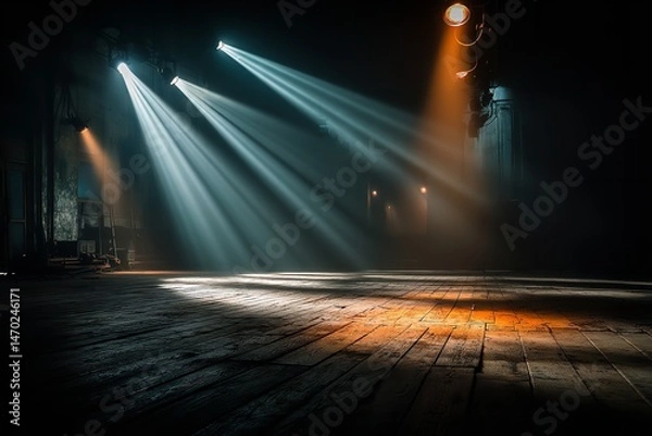 Fototapeta Mysterious Spotlight in Abandoned Wooden Room – Atmospheric Light and Shadow Photography

