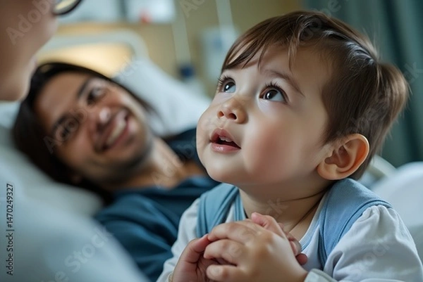 Obraz Child gazing lovingly at parent in hospital setting  