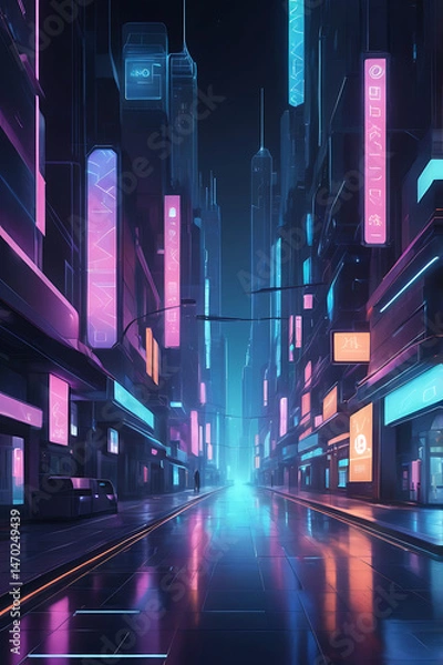 Fototapeta Futuristic city street at night, glowing holographic signs, sleek architecture, clean pavement, empty and silent atmosphere

