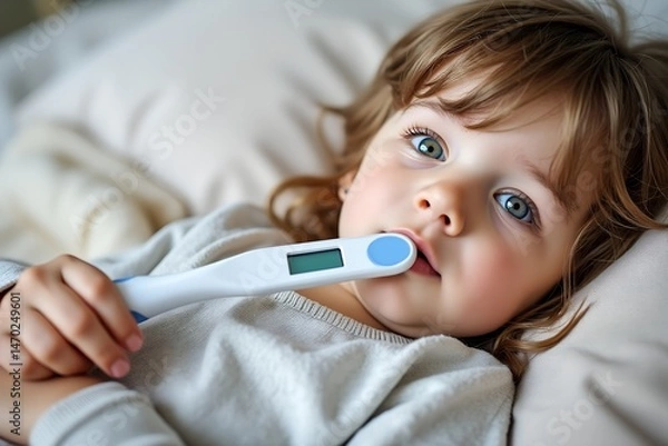 Obraz Sick child feeling unwell while taking temperature at home  