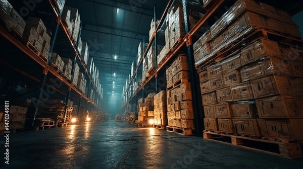 Fototapeta Dimly Lit Industrial Warehouse with Stacked Cardboard Boxes – Atmospheric Logistics and Storage Photography
