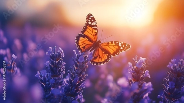 Fototapeta Lavender Fields with Bees and Butterflies at Golden Hour