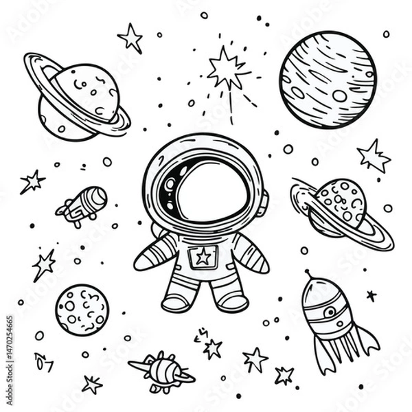 Obraz Cute Astronaut Doodle With Planets Rockets And Stars In Space Cartoon Style