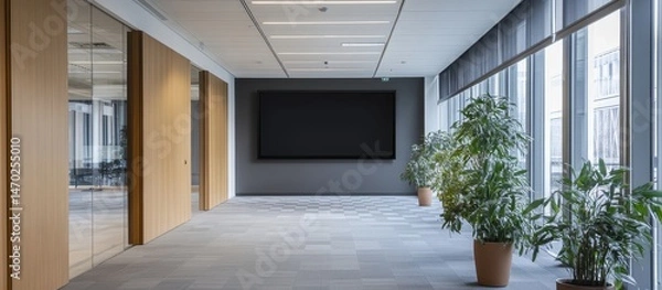Obraz Modern Office Corridor with Large Blank Screen