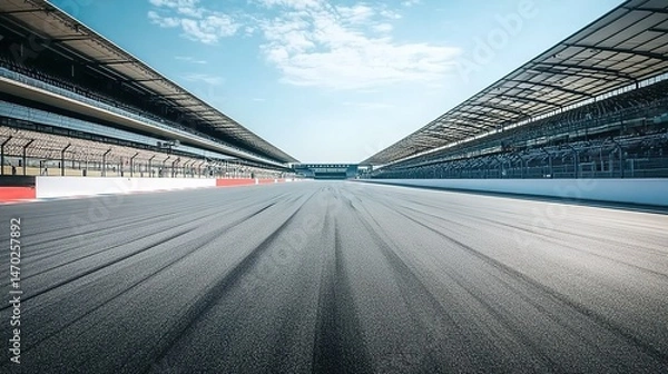 Fototapeta Empty racetrack with grandstands under partly cloudy sky.